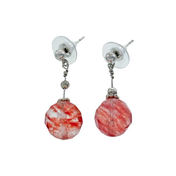 Vintage Artisan Sterling Silver 925 Faceted Red Swirl Glass Bead Dangle Earrings - Picture 2 of 4